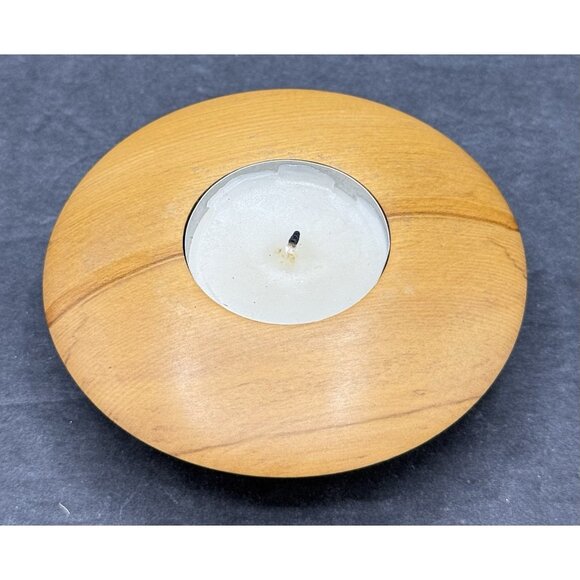 Solid Rimu Wood Votive Disk Shaped Tea Light Candle Holder Signed New Zealand - Picture 2 of 7